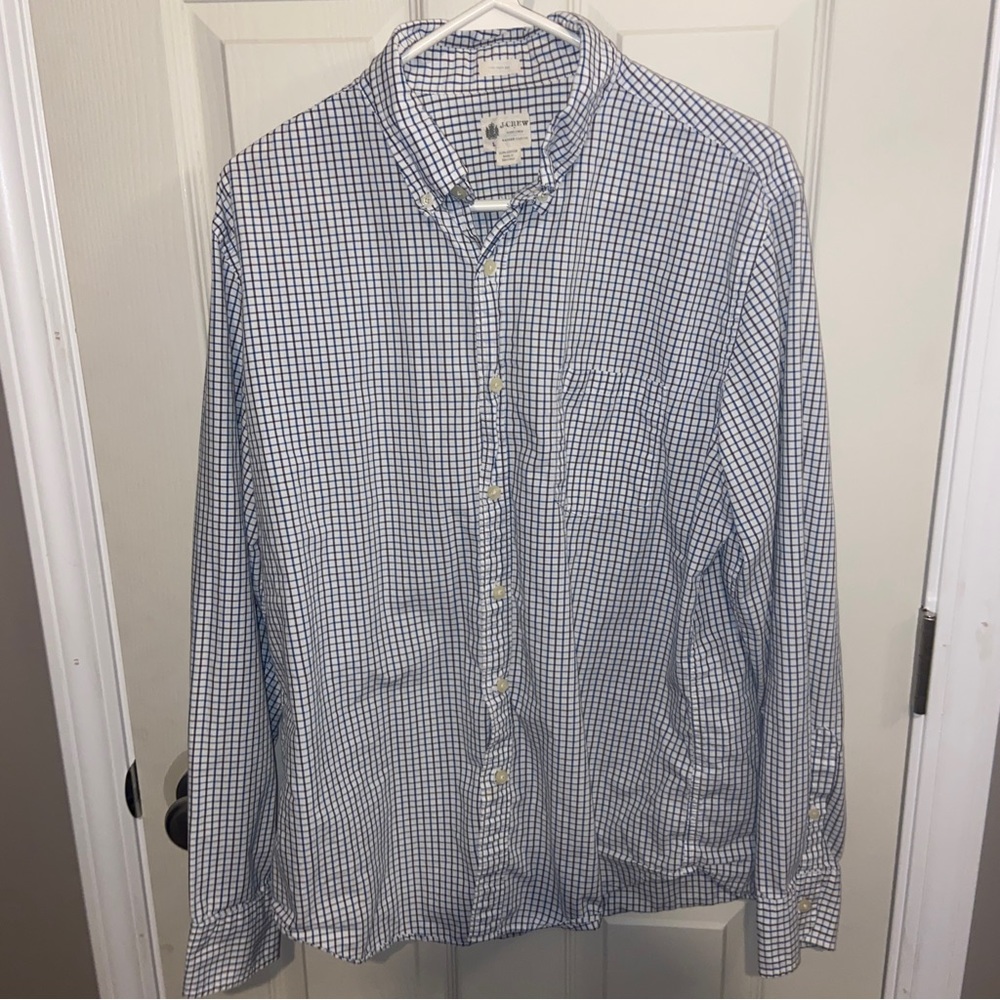 J. Crew Shirtings Large Tailored Fit mens button down white blue gray check.